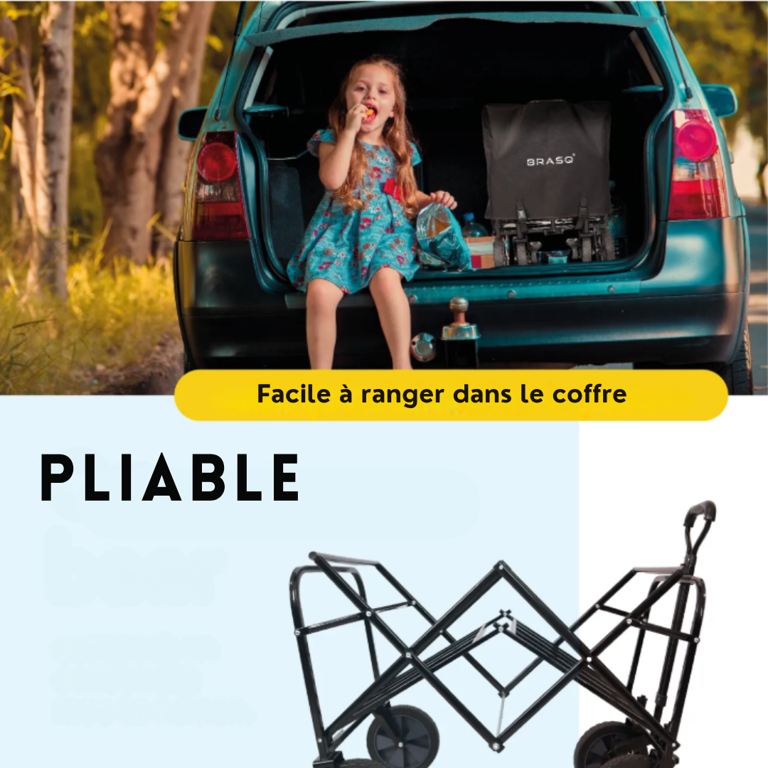 BRASQ Wagon pliable - 100 litres - Capacité 90 KG - Roues pivotantes avec frein - 90x51x100 CM - Poignée réglable - Noir