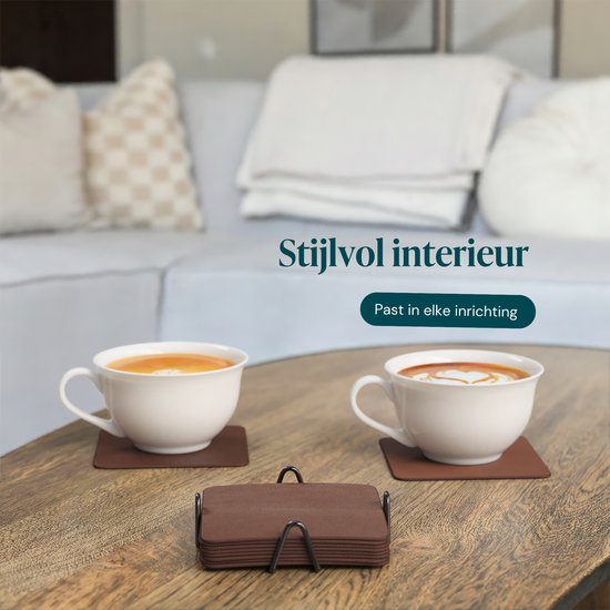 Sous-verres en simili cuir Castagnola – Sous-verres pour verres – Sous-verres design avec support – Lot de sous-verres en cuir avec support métallique – Cuir – Lot de 10 – Marron – 10 x 10 cm