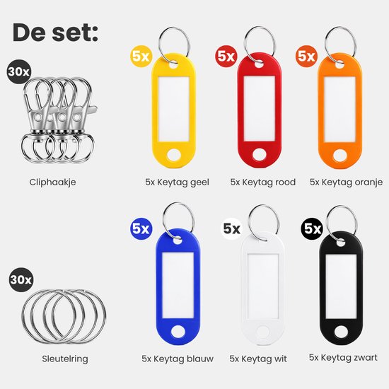 Vaive Étiquettes pour clés, lot de 30 – Porte-clés avec mousqueton, anneaux et étiquette nominative – Anneaux pour la gestion des clés – Anneau de 25 mm