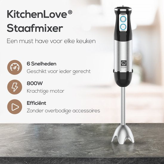 KitchenLove Mixeur plongeant - 800W - 6 vitesses + Turbo - Noir/RVS
