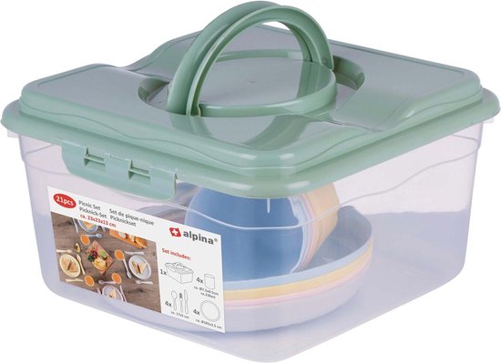 Service de pique-nique Alpina 21 pièces – Service de table pour 4 personnes comprenant des assiettes, des gobelets et des couverts – Service en plastique dans une boîte de rangement – Service de camping et service de table d'extérieur