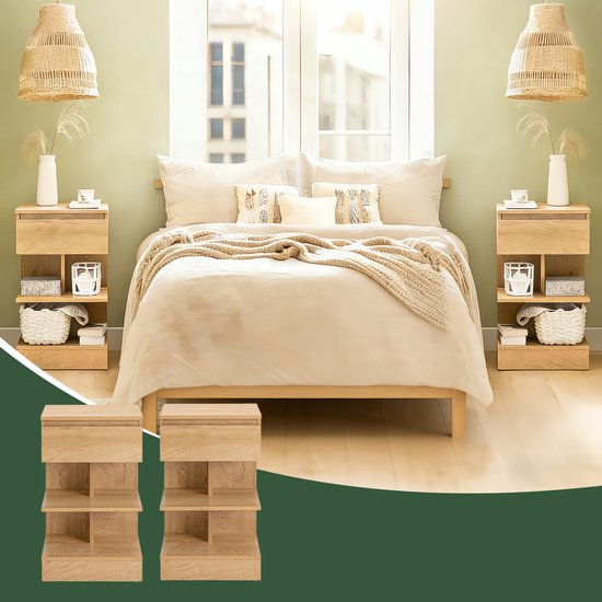 SoBuy Set of 2 Side Table, Nightstand with 1 Drawer and 3 Shelves, Multifunctional Coffee Table for Bedroom or Living Room, Scandinavian Design, Natural Wood Brown, 39x65x39cm, FBT49-Nx2