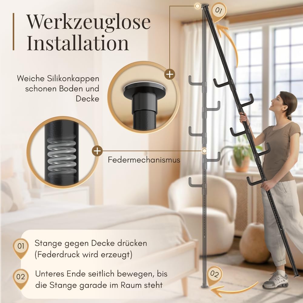 LOBUX® - Porte-manteau extensible, 5 crochets [noir, 110-310cm] - porte-manteau télescopique stable - porte-manteau gain de place, métal - valet de chambre - porte-manteau couloir - porte-manteau balcon