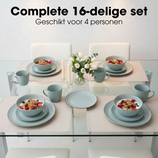 Service de table Mica Decorations Racco, 16 pièces - 4 couverts - Assiettes à petit-déjeuner, bols, tasses et assiettes à dîner - Service en grès - Service de table lavable au lave-vaisselle - Gris clair