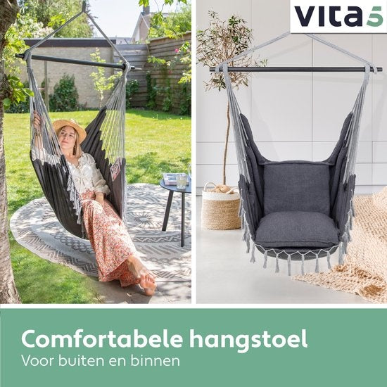 Vita5 XXL Hamac Chair | Nid suspendu intérieur/extérieur | 2 coussins et boîte à livres inclus | Adultes et enfants | Hamac Chair jusqu'à 200kg | Gris foncé