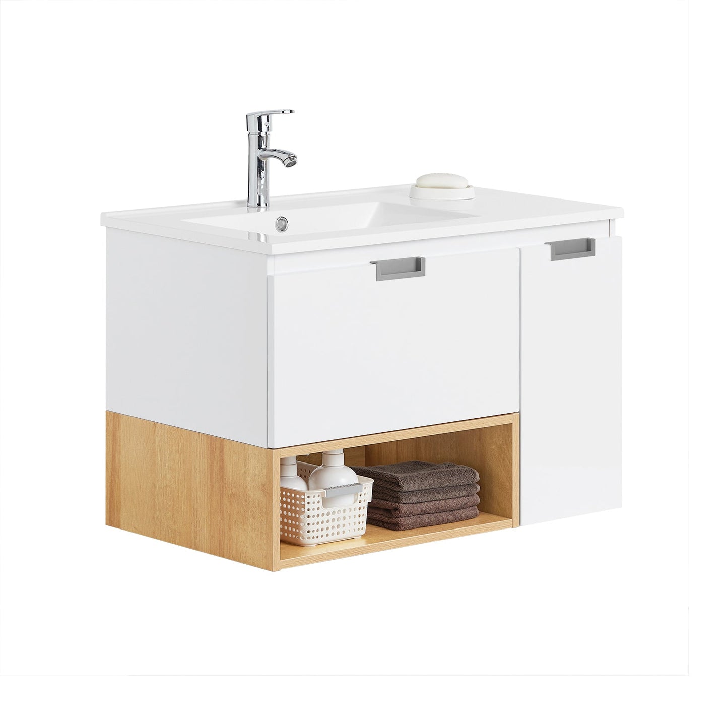 SoBuy BZR178-WN Meuble sous-lavabo - 80x54x46 cm - Blanc/Naturel - Meuble de salle de bains étroit