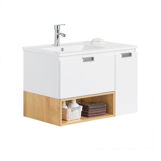 SoBuy BZR178-WN Meuble sous-lavabo - 80x54x46 cm - Blanc/Naturel - Meuble de salle de bains étroit