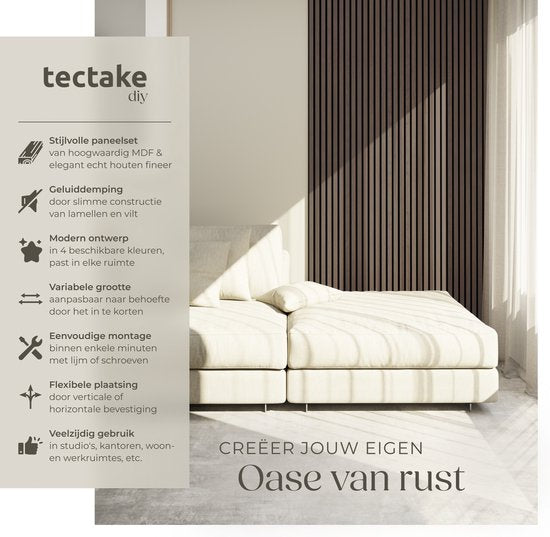 tectake® Acoustic Panels - Lot de 4 - Panneau mural acoustique - 60 x 120 cm - 2,88 m² - Panneaux muraux à taille réglable - Mur à lattes en MDF et placage bois - Isolation acoustique - Décoration murale élégante - Installation facile - Gris chêne