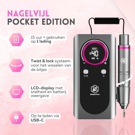 Beeperfect® Lime à ongles électrique édition de poche - Moulin à ongles - Ensemble manucure et pédicure - Sans fil - Batterie 6000MaH - Comprend 26 embouts, 60 rouleaux abrasifs et 5 accessoires - 40,000RPM
