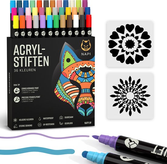NAPI 36 marqueurs acryliques Dual Tip - Twinmarkers - Marqueurs peinture Happy Stones - Peinture sur pierre avec marqueurs peinture acrylique - Adultes et enfants - 2 modèles de mandala inclus