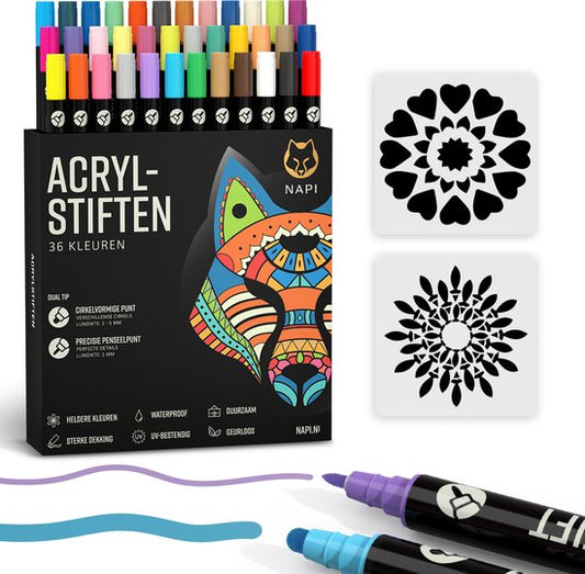 NAPI 36 marqueurs acryliques Dual Tip - Twinmarkers - Marqueurs peinture Happy Stones - Peinture sur pierre avec marqueurs peinture acrylique - Adultes et enfants - 2 modèles de mandala inclus