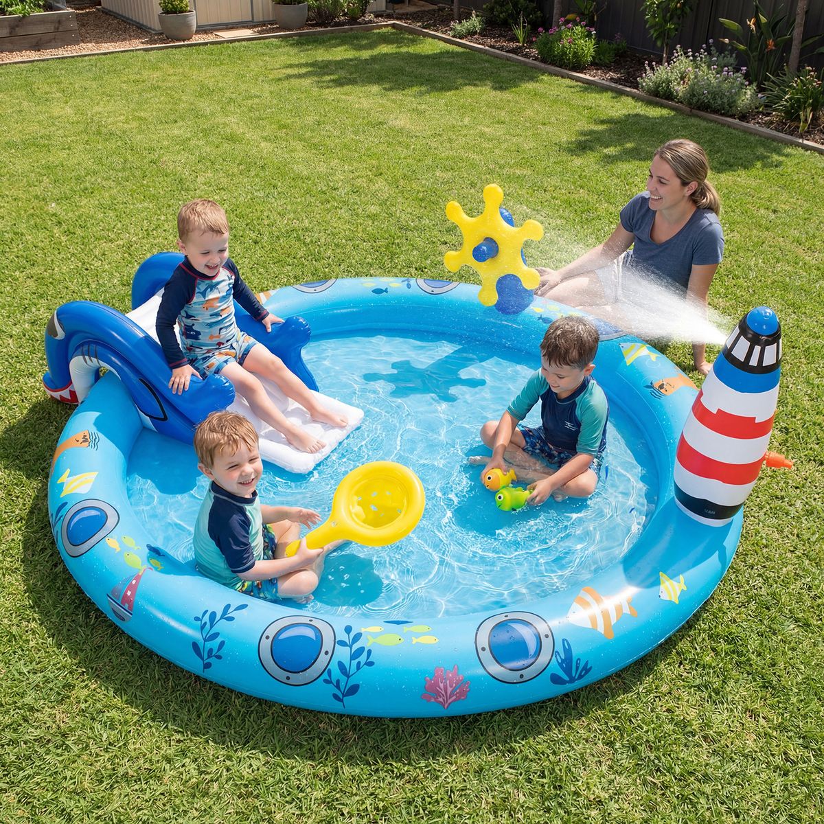 Piscine gonflable pour enfants Coast - Espace de jeux aquatiques sur le thème de la mer - Toboggan en forme de requin et jet d'eau - Multicolore 188 x 153 x 63 cm
