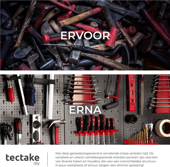 tectake® 6-Piece Metal Tool Wall - 240 x 60 cm - Perforated Plate - Tool Holder Set including Hooks - Wall Rack System for Workbench, Garage, Tools - Workshop Equipment - Tool Board - Pegboard