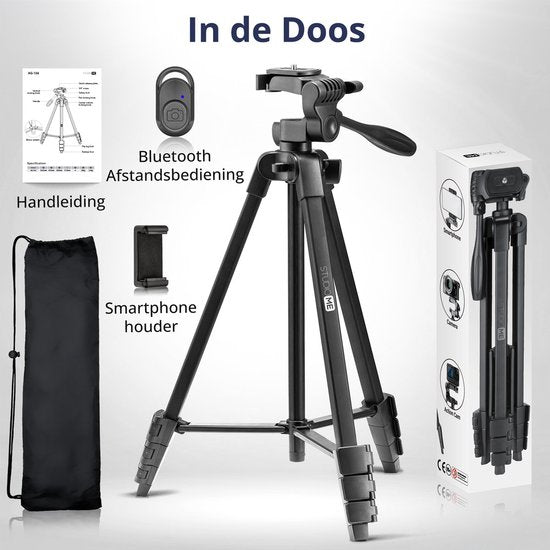 Studio ME Phone Tripod - 136 cm - Trépied Smartphone - Noir - Trépied pour appareil photo - Support pour téléphone - Télécommande Bluetooth incluse - Trépied Téléphone