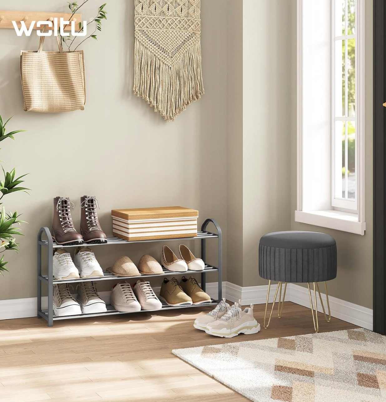 Étagère à chaussures Woltu à 3 niveaux - Grise - Pour environ 12 paires de chaussures - 79 x 18,5 x 42,5 cm