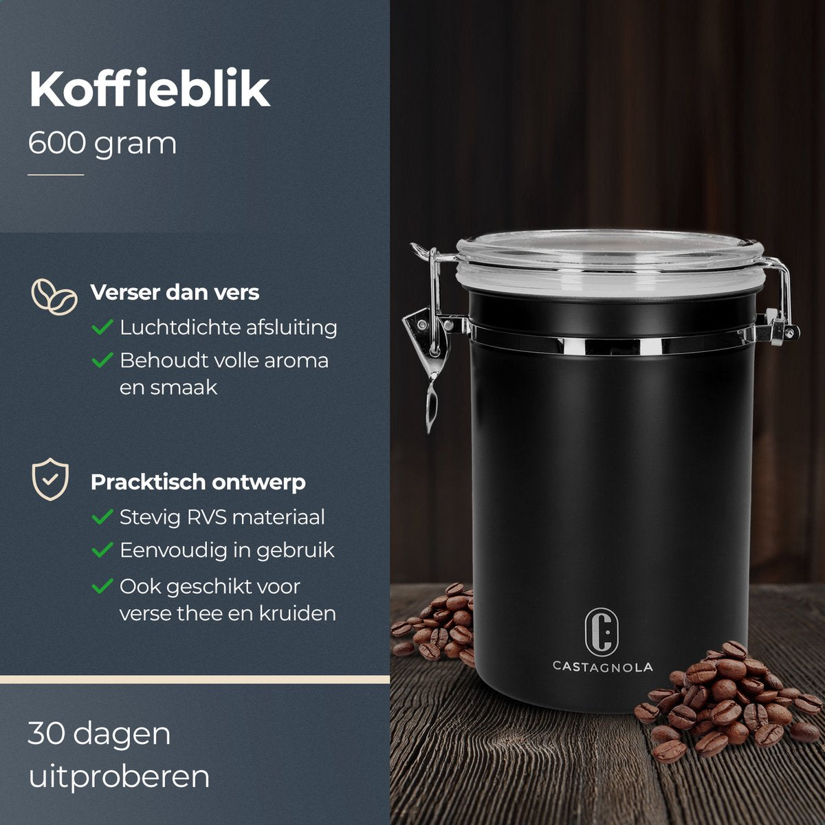Boîte à café Castagnola - hermétique avec sortie CO2 - 1,8 litres - Noir