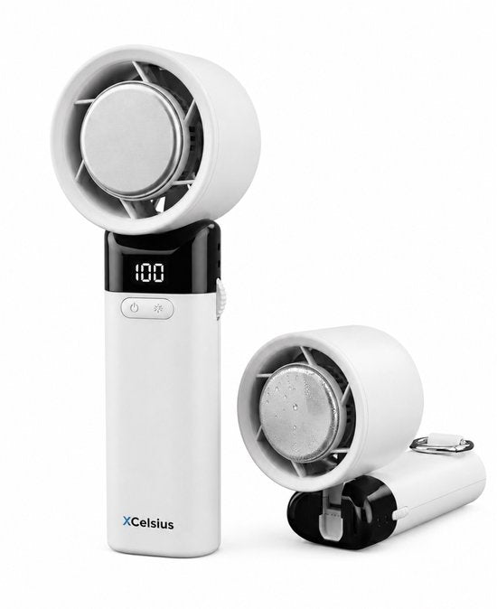 Ventilateur portable XCelsius® - Mini-ventilateur pliable - Rechargeable via USB-C - Réglage continu de 0 % à 100 % - Avec plaque de refroidissement instantanée - Blanc