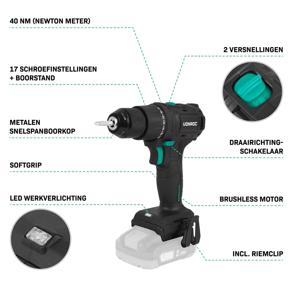 VONROC PRO Perceuse sans fil 20V - 40 Nm - Moteur sans balais - 17 modes de vissage + mode perçage - 2 embouts inclus - Batterie et chargeur rapide inclus