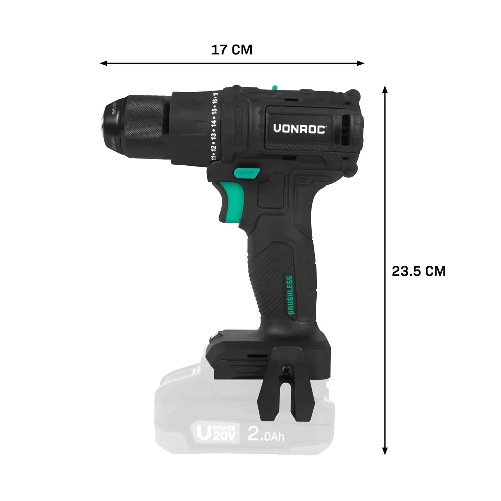 VONROC PRO Perceuse sans fil 20V - 40 Nm - Moteur sans balais - 17 modes de vissage + mode perçage - 2 embouts inclus - Batterie et chargeur rapide inclus