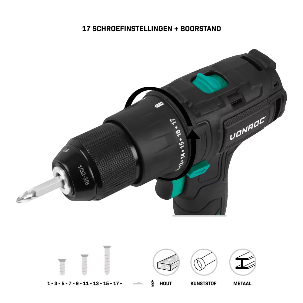 VONROC PRO Perceuse sans fil 20V - 40 Nm - Moteur sans balais - 17 modes de vissage + mode perçage - 2 embouts inclus - Batterie et chargeur rapide inclus