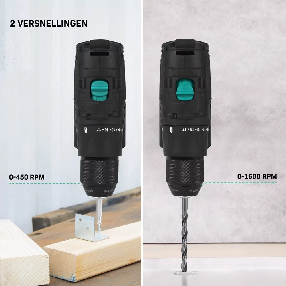 VONROC PRO Perceuse sans fil 20V - 40 Nm - Moteur sans balais - 17 modes de vissage + mode perçage - 2 embouts inclus - Batterie et chargeur rapide inclus