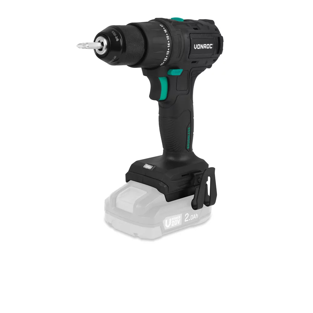 VONROC PRO Perceuse sans fil 20V - 40 Nm - Moteur sans balais - 17 modes de vissage + mode perçage - 2 embouts inclus - Batterie et chargeur rapide inclus