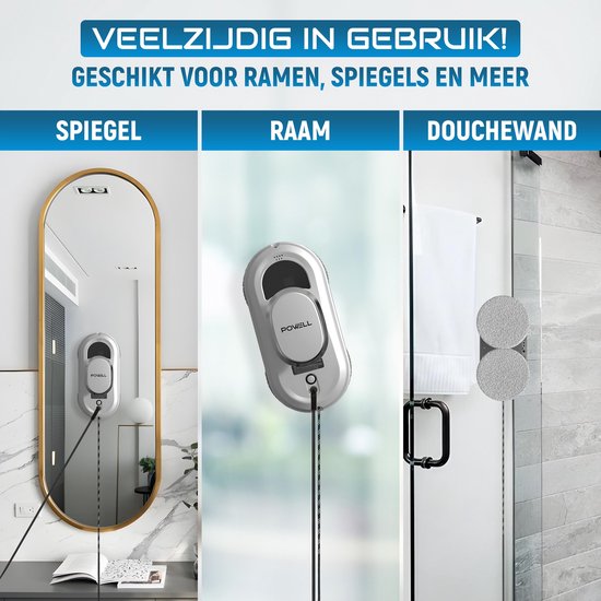 Powell Robot Lave-vitres - Nettoyeur de vitres - Essuie-vitres électrique - Aspiration forte 3000Pa - Télécommande - Blanc