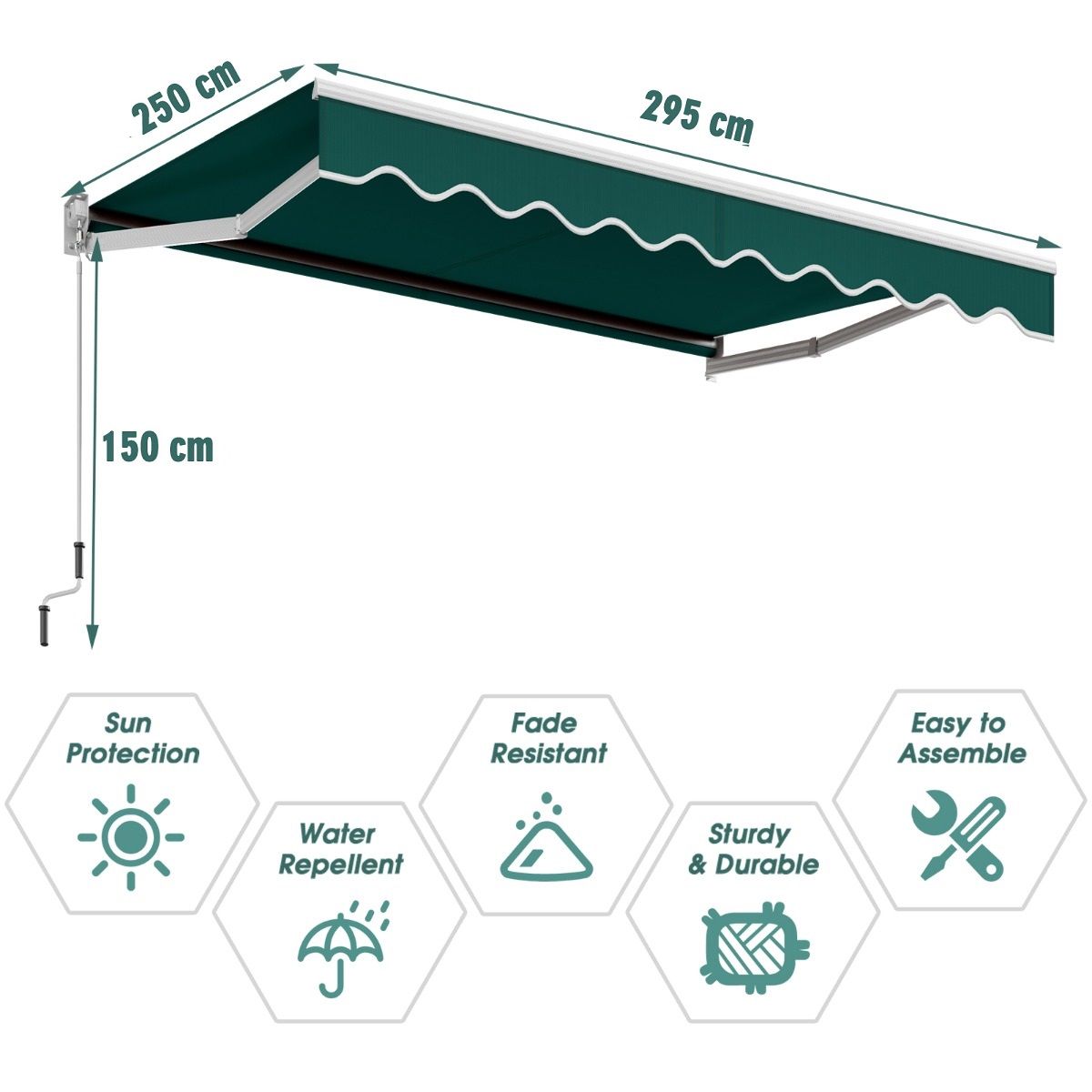 Coast Sunshade 295x250 cm Green - Extension manuelle, Angle réglable 40°-100°, Pas de perçage, Cadre en aluminium