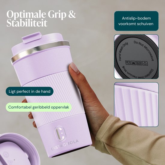 Tasse isotherme Castagnola - Tasse à café à emporter - Tasse de voyage pour café et thé - Tasse à thé - 510 ml - Acier inoxydable - Violet clair