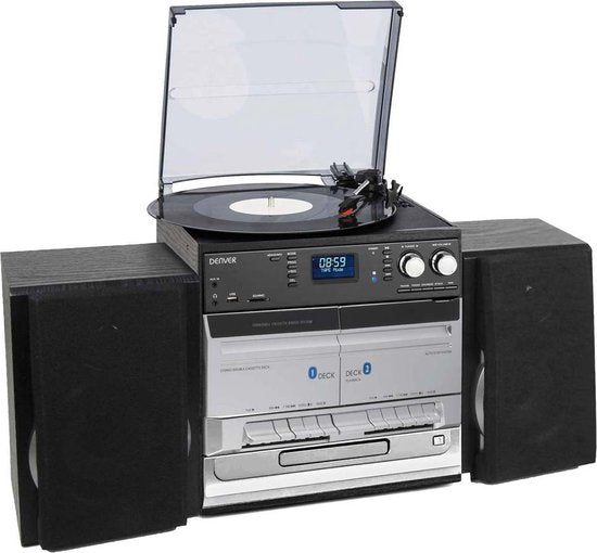 Tourne-disque rétro - Denver -  Avec enceintes - Radio DAB+/FM - Lecteur CD & double cassette - Boîtier bois - USB/SD/AUX