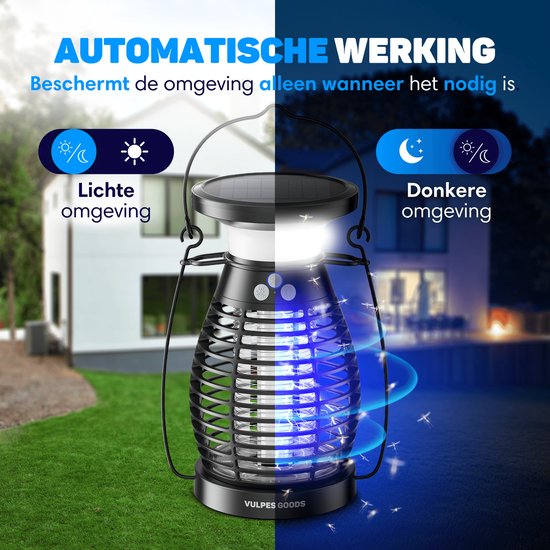 Vulpes Goods® Repellent - Mosquito lamp PRO - Electric Insect Killer - Fly lamp - Insect lamp - UV mode & Night light - Suspendable - Rechargeable & Solar - Waterproof - Incl. collection tray & cleaning brush