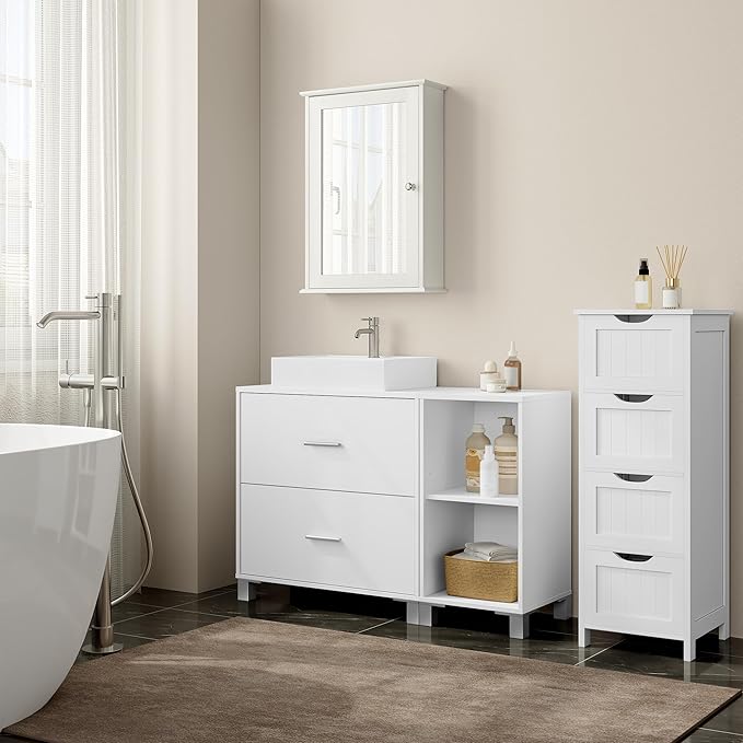 eSituro SBP0098 meuble bas pour lavabo meuble de salle de bain - blanc - 2 grands tiroirs - meuble latéral pouvant être placé à gauche ou à droite