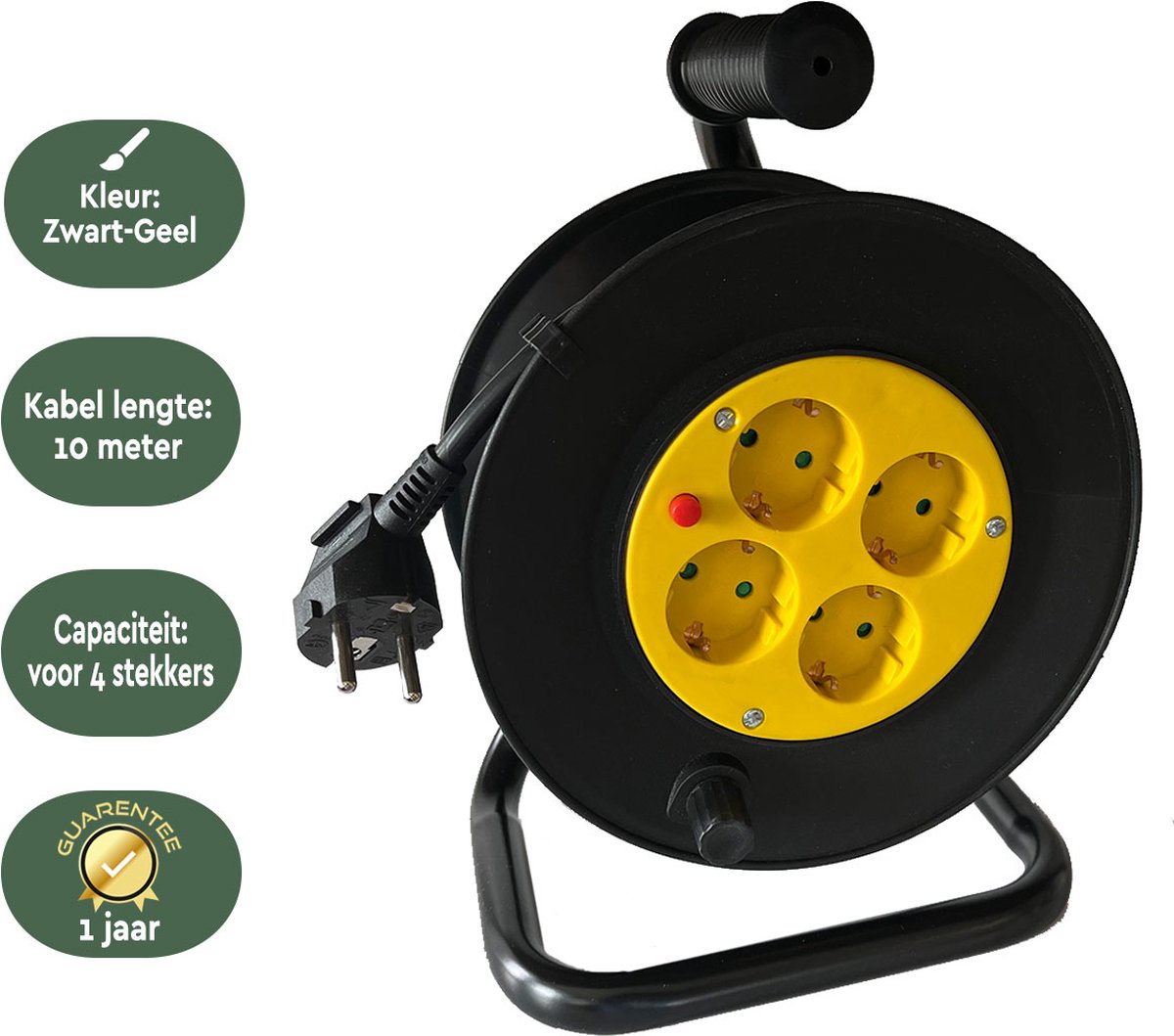 BRASQ Cable Reel Pro - 4-fold - Black - 10 Metres - Enrouleur de câble d'extension - Câble d'extension - Avec mise à la terre - Pour l'intérieur