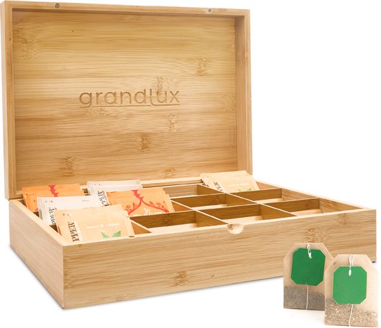 Boîte à thé Grandlux à 12 compartiments – Compartiments spacieux pour Pickwick, Pukka, Twinings, Clipper – 100 % bambou – Rangement pour thé