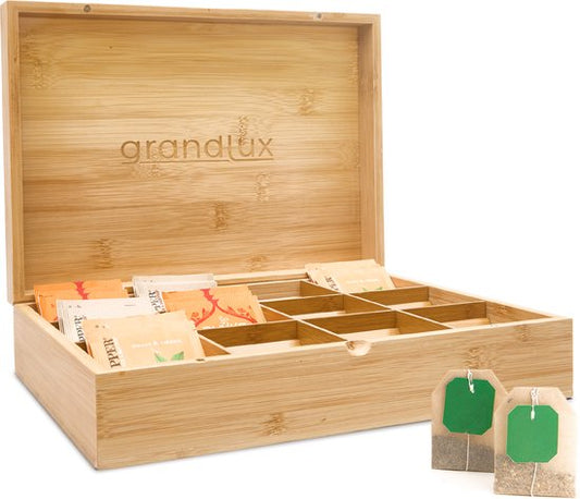 Boîte à thé Grandlux à 12 compartiments – Compartiments spacieux pour Pickwick, Pukka, Twinings, Clipper – 100 % bambou – Rangement pour thé