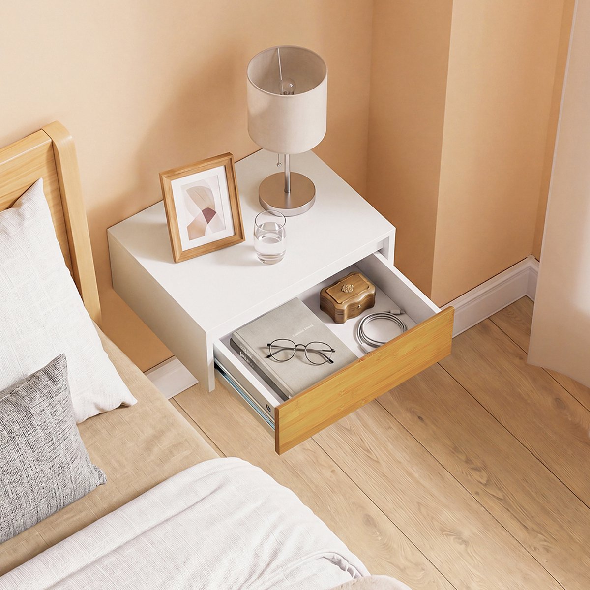 Table de chevet suspendue SoBuy avec éclairage LED - 1 tiroir - Blanc - 29 x 40 x 15 cm