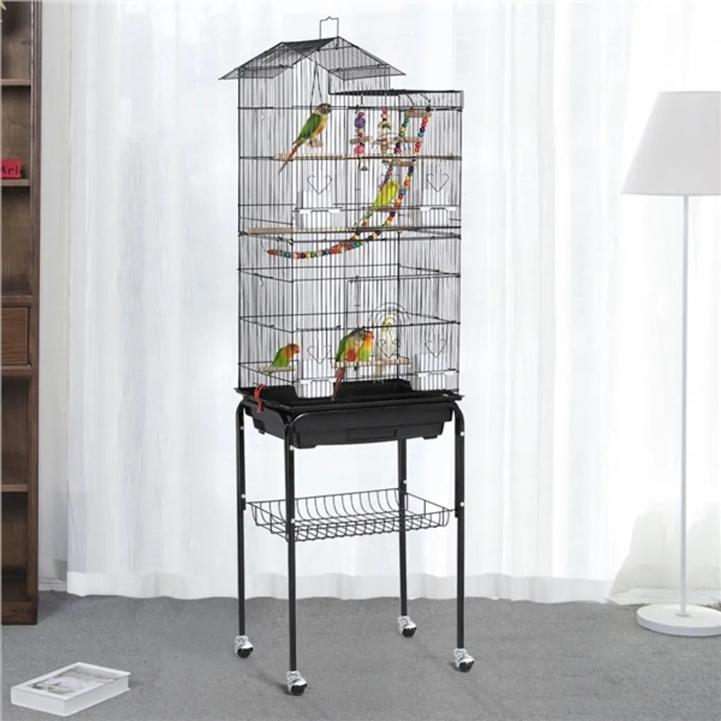 Cage à oiseaux Yaheetech XL - Avec pied/roulettes - 46 x 35,5 x 158,5 cm - Noir