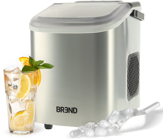 BREND BR-2213 Machine à glaçons avec cuillère et plateau d'égouttage - Grands L ou petits S glaçons - Machine à glaçons portable - 10 kg en 24 heures - Argenté
