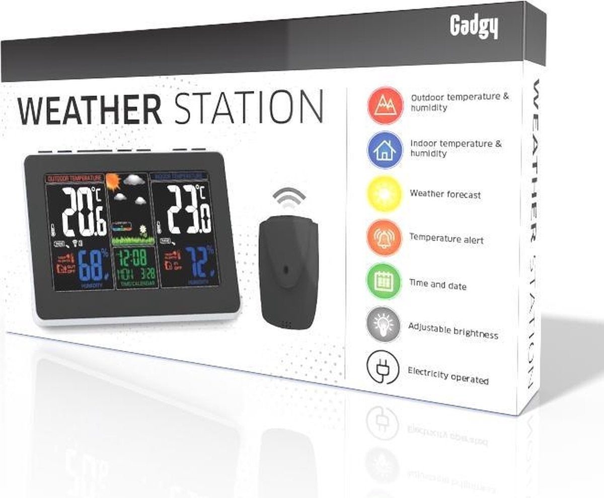 Gadgy Weerstation binnen en buiten - Draadloos weerstation met Buitensensor - Waterdichte buitenunit - Digitaal Weerbericht