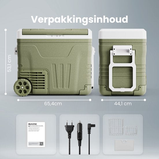 Auronic Electric Cool Box - Compresseur - 50L - 12V et 240 volts - Réfrigérateur de camping - Frigobox Car - Avec roues et poignée - Vert