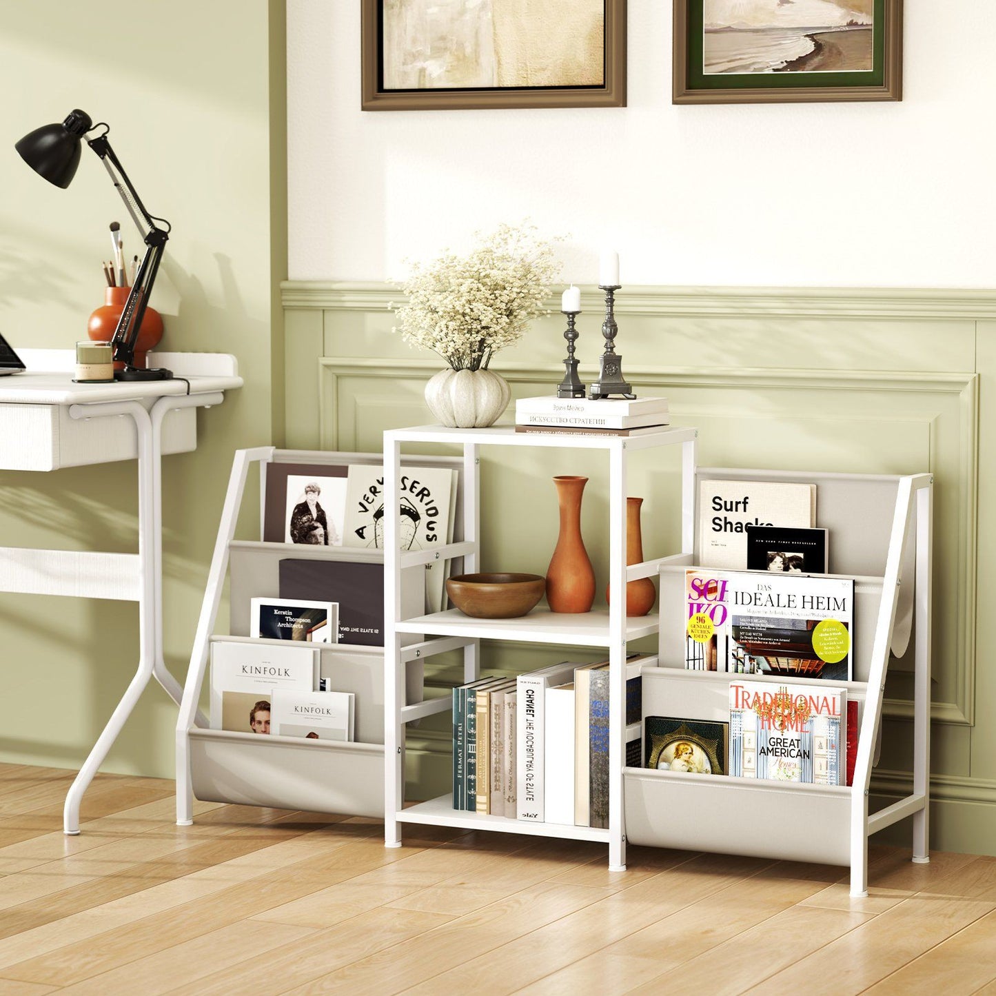 Porte-disques Coast avec support pour vinyles - 3 étagères et 6 sacs de rangement - 125 x 30 x 69 cm - blanc