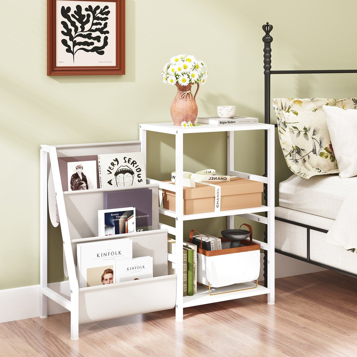 Porte-disques Coast avec support pour vinyles - 3 étagères et 6 sacs de rangement - 125 x 30 x 69 cm - blanc