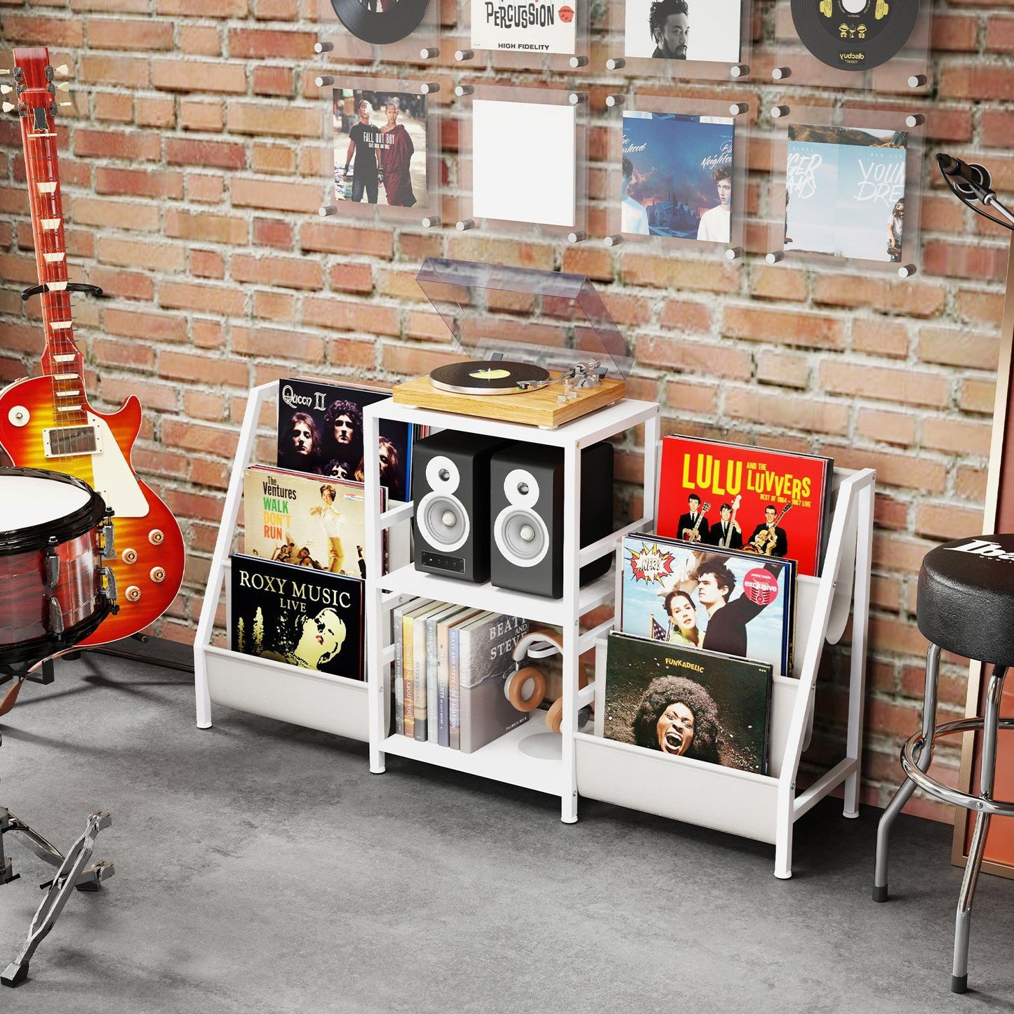 Porte-disques Coast avec support pour vinyles - 3 étagères et 6 sacs de rangement - 125 x 30 x 69 cm - blanc