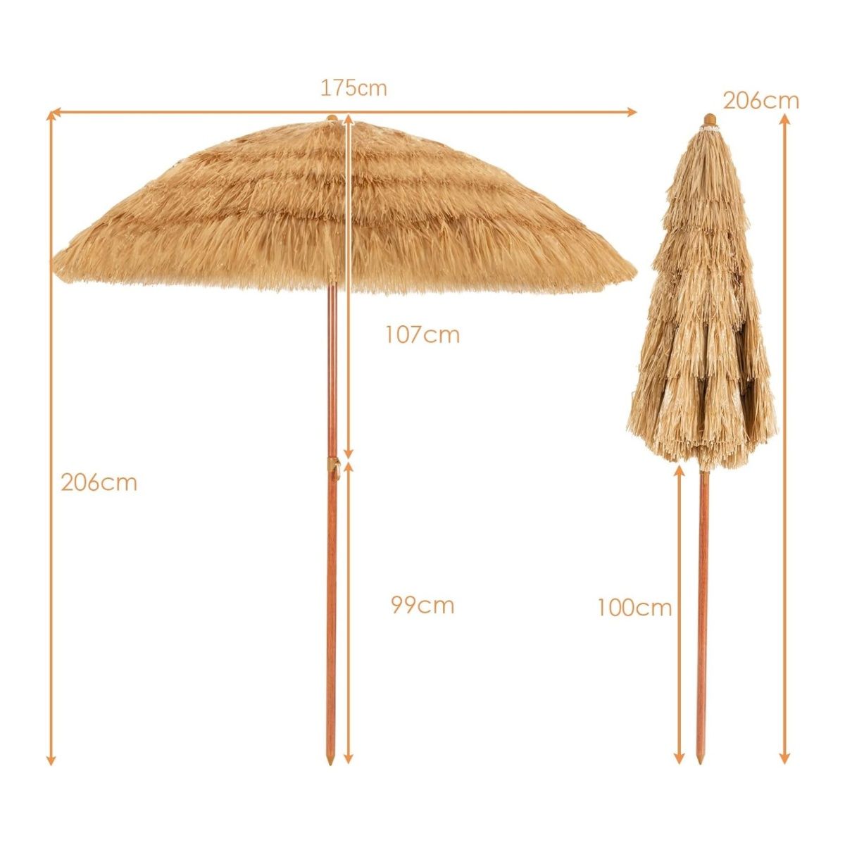 Ensemble de parasol Coast Hawaii - Parasol de plage inclinable - Aspect osier - Sac de transport inclus - 175 cm - Beige