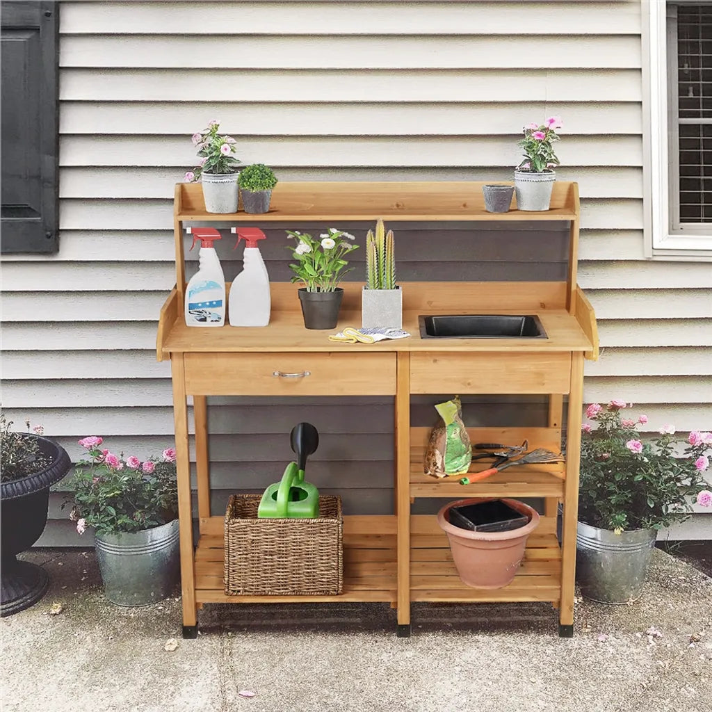 Yaheetech Table à plantes - avec évier - étagère réglable - table de travail pour le jardin - table de rempotage en bois - résistante aux intempéries