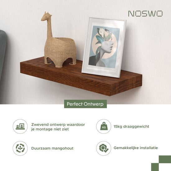 Étagère murale flottante - Noswo - Lot de 2 - 15 kg max - Bois de manguier massif - 43x16.8 x4 cm - étagère à livres / étagère à photos - Matériel de fixation inclus
