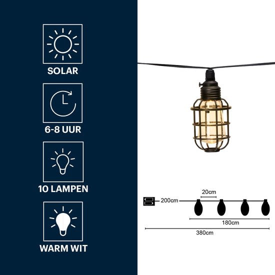 Guirlande lumineuse de jardin - 3,8 m - Solaire - LED blanc chaud