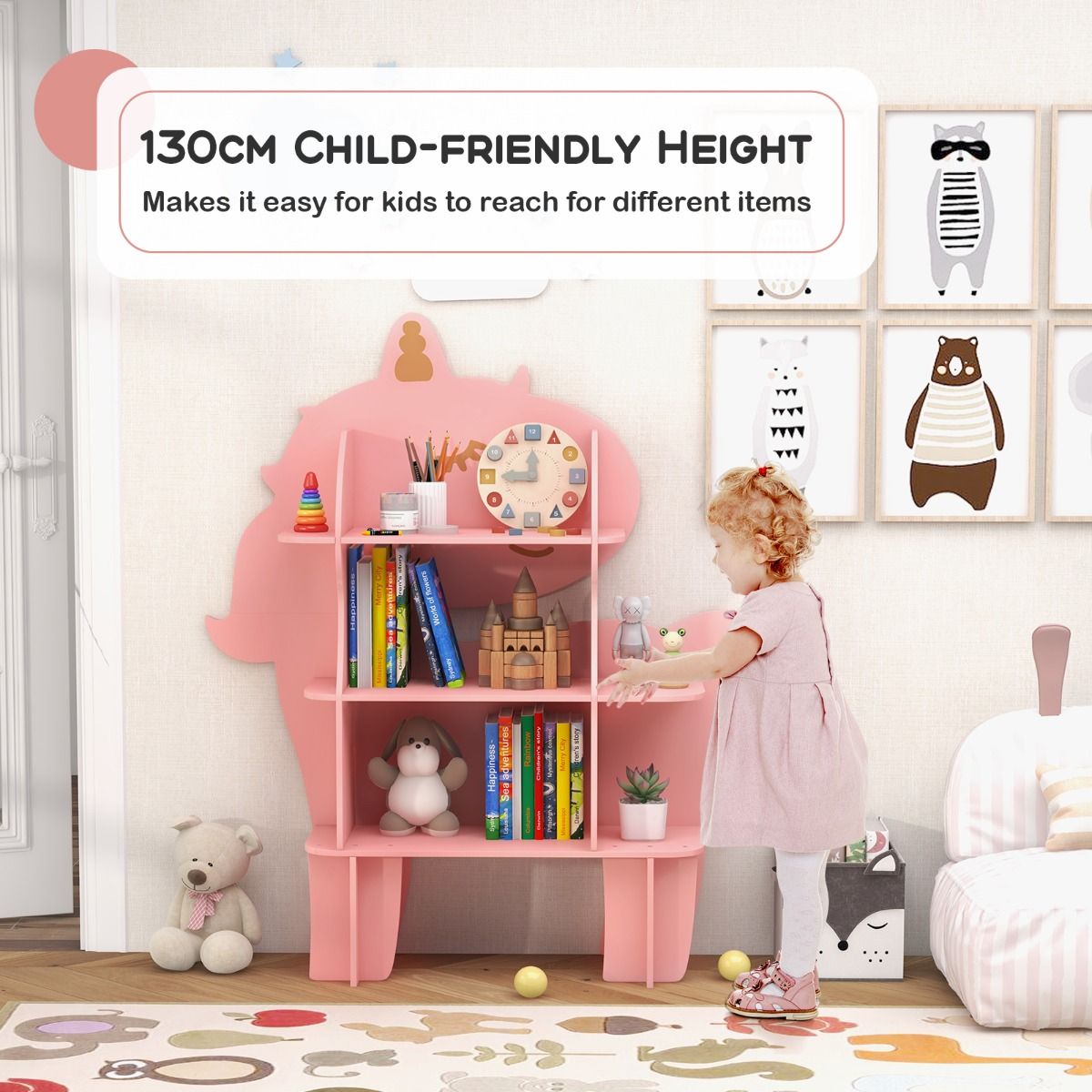 Coast Children's Rack - 123×31×130 cm - Rack à jouets en bois avec 3 étagères ouvertes - Rose