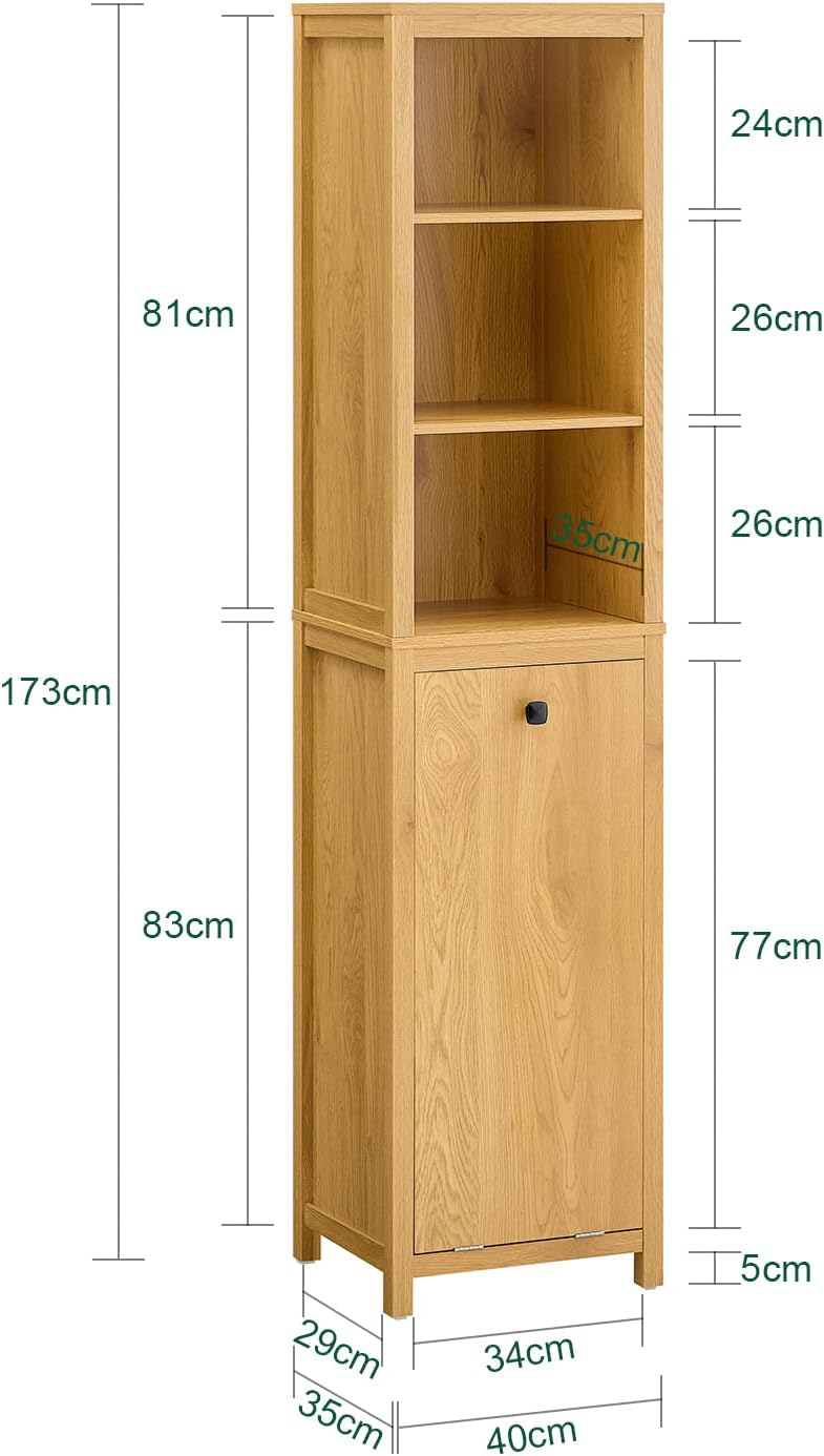 Armoire de salle de bain haute SoBuy avec panier à linge et 3 étagères - Fixation murale - Bois - 40 x 35 x 173 cm