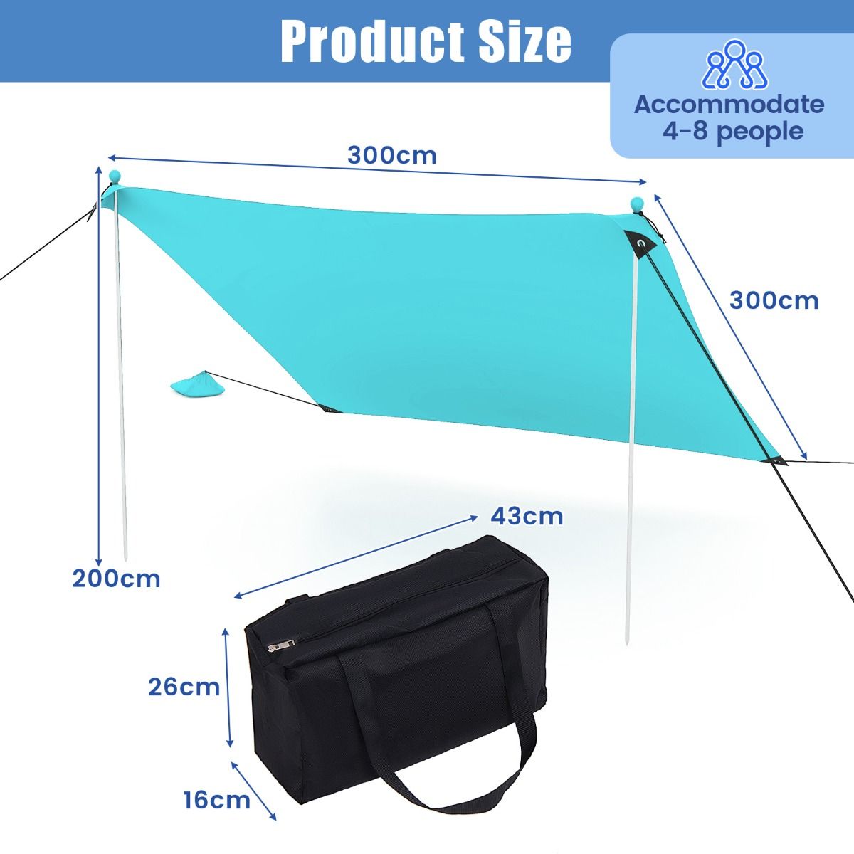 Coast Portable Beach Tent 3 x 3 m Turquoise - Tente légère et protectrice contre les UV pour la plage, le camping et le jardin